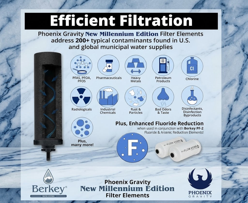 Combo Pack: 2 Berkey PF-2 Fluoride & Arsenic Reduction Elements + 2 Phoenix Gravity New Millennium Edition Filter Elements (NSF 42/372 Certified)