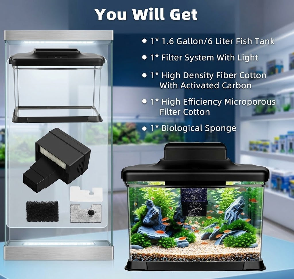 DaToo 1.6 Gallon Mini Aquarium Starter Kit with LED Light and Filter System