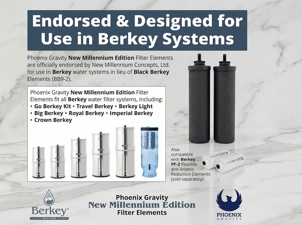 Combo Pack: 2 Berkey PF-2 Fluoride & Arsenic Reduction Elements + 2 Phoenix Gravity New Millennium Edition Filter Elements (NSF 42/372 Certified)