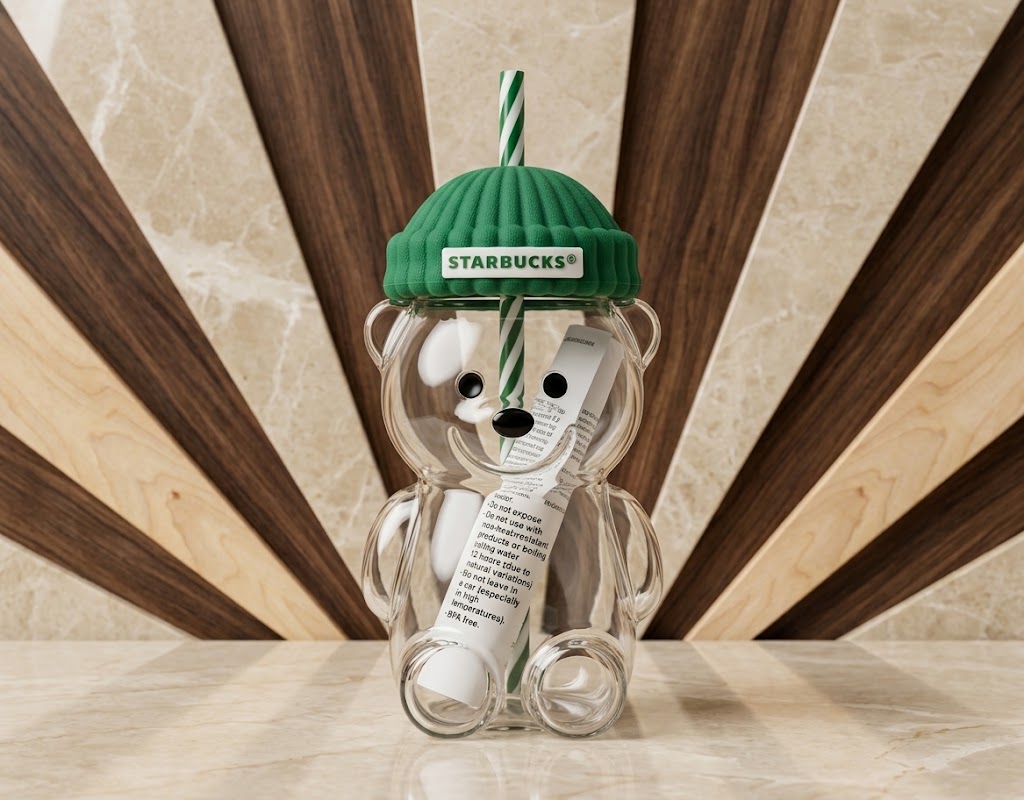 Starbucks Bearista Limited Edition Bear Glass Cold Cup with Green Beanie Lid and Straw - Authentic
