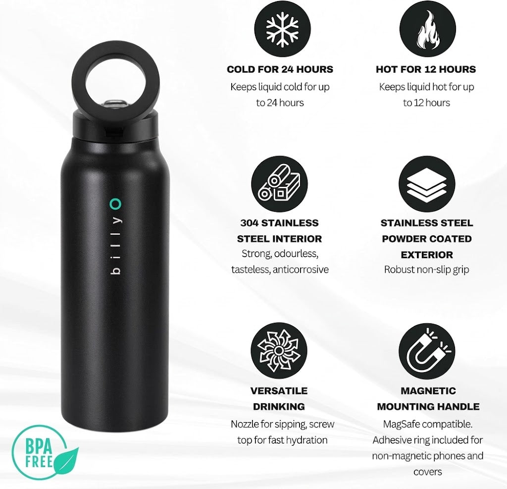 BillyO Insulated Stainless Steel Water Bottle 700ml with Magnetic Phone Holder & Tripod Lid, Leak-Proof, Black