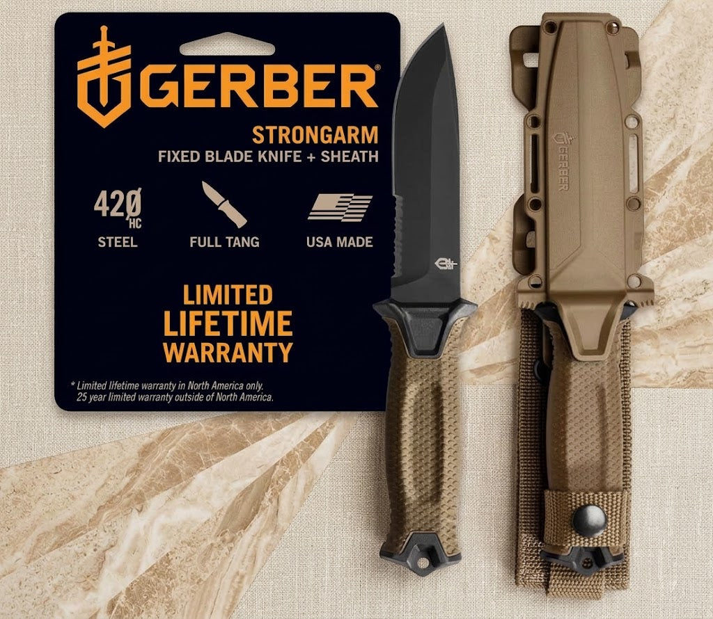 Gerber Gear StrongArm Fixed Blade Tactical Knife with Sheath, 4.8" Plain Edge, Coyote Brown, 420HC Steel, Made in USA