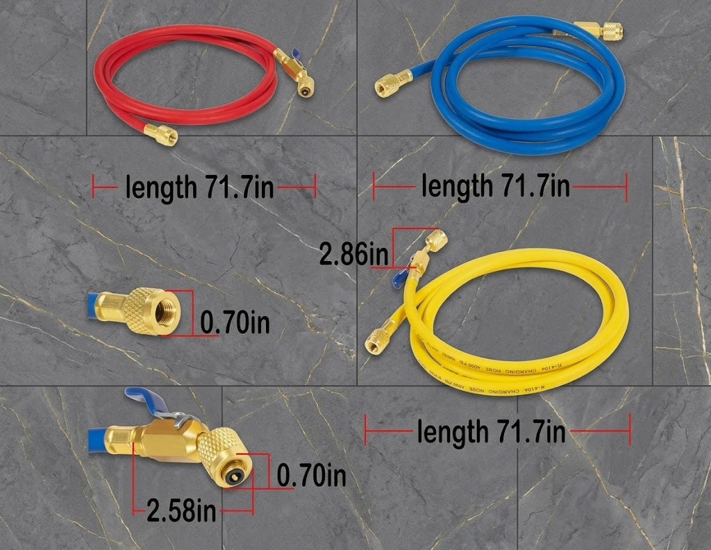 Refrigerant Charging Hose Set 72" with 1/4" Compact Ball Valve Ends, Red Yellow Blue (Plus II 29986)