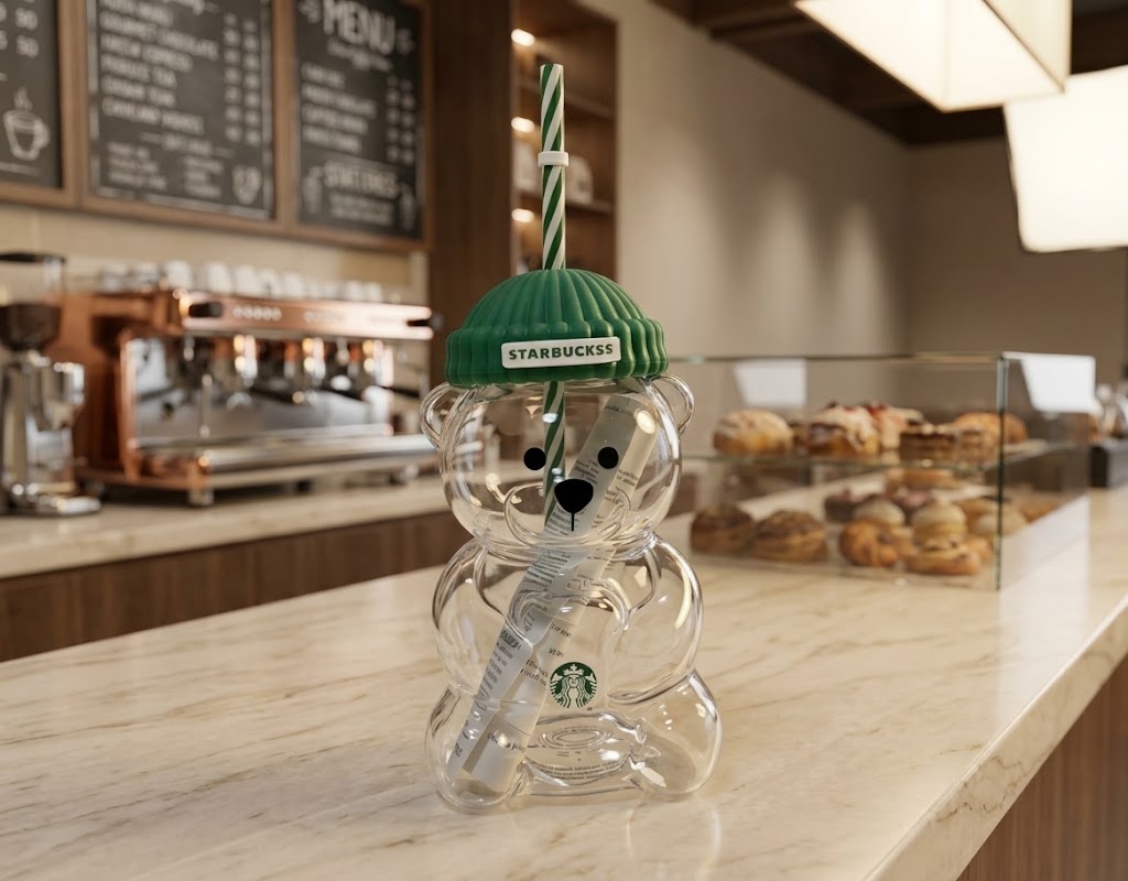 Starbucks Bearista Limited Edition Bear Glass Cold Cup with Green Beanie Lid and Straw - Authentic