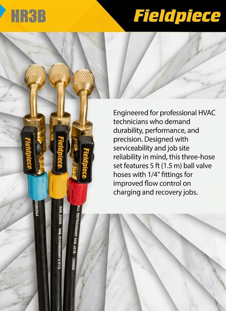 Fieldpiece HR3B 1/4" Ball Valve Hose Set, 5 ft Refrigerant Charging & Recovery Hoses, A2L Compatible, 3-Pack with Color Tags