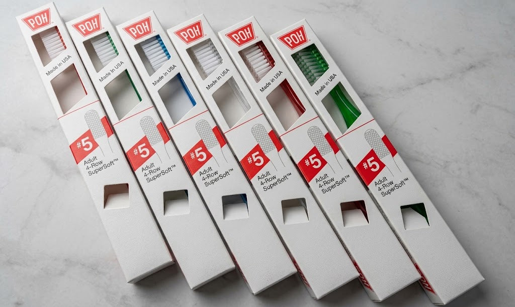 POH Adult 4-Row Supersoft #5 Toothbrush, Pack of 6 - Assorted Colors, Made in USA