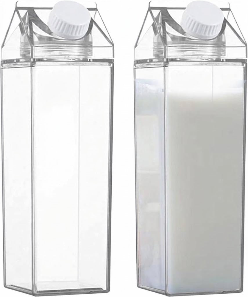 Milk Carton Water Bottle 1L (1000ml), 2 Pack Clear Square Plastic Juice Bottles, Leak-Proof Reusable Drink Container