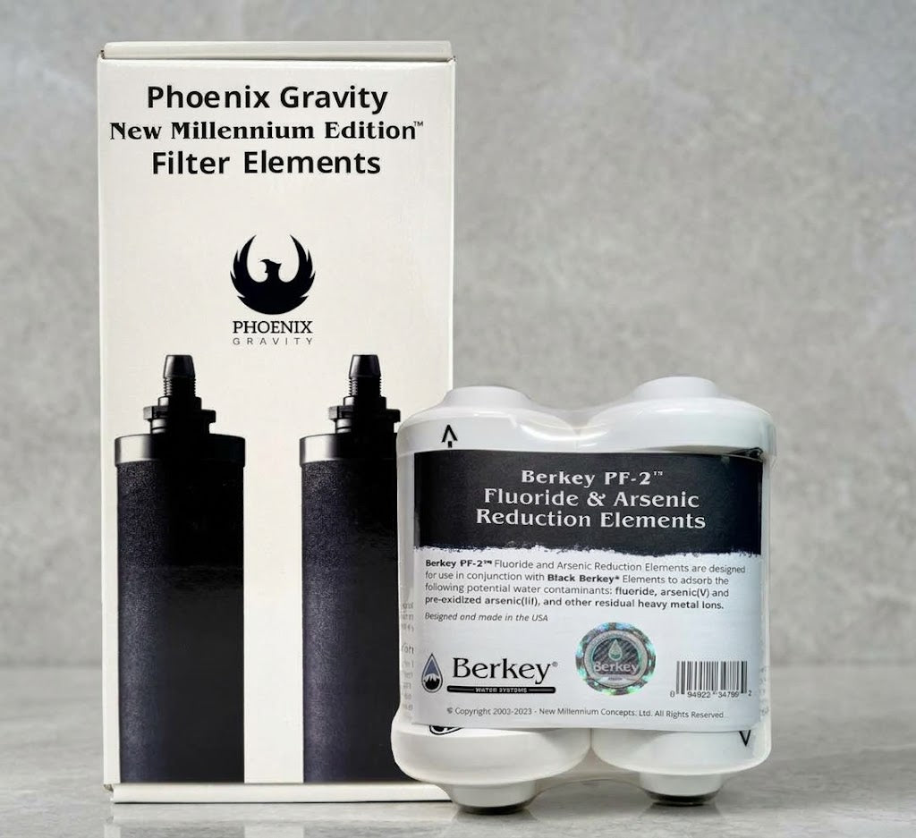 Combo Pack: 2 Berkey PF-2 Fluoride & Arsenic Reduction Elements + 2 Phoenix Gravity New Millennium Edition Filter Elements (NSF 42/372 Certified)