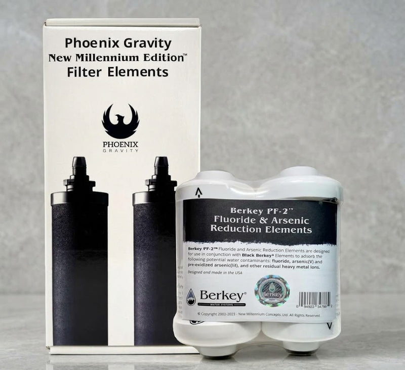 Combo Pack: 2 Berkey PF-2 Fluoride & Arsenic Reduction Elements + 2 Phoenix Gravity New Millennium Edition Filter Elements (NSF 42/372 Certified)