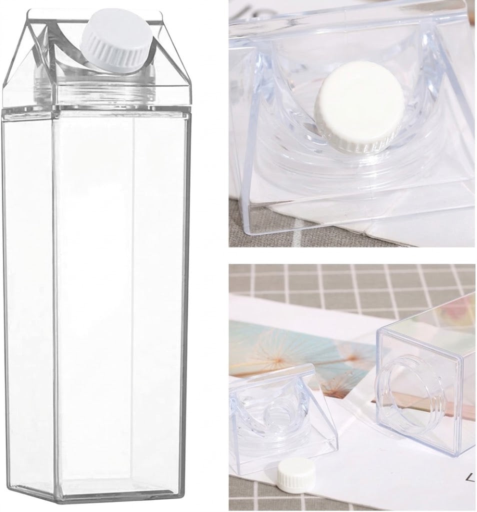 Milk Carton Water Bottle 1L (1000ml), 2 Pack Clear Square Plastic Juice Bottles, Leak-Proof Reusable Drink Container