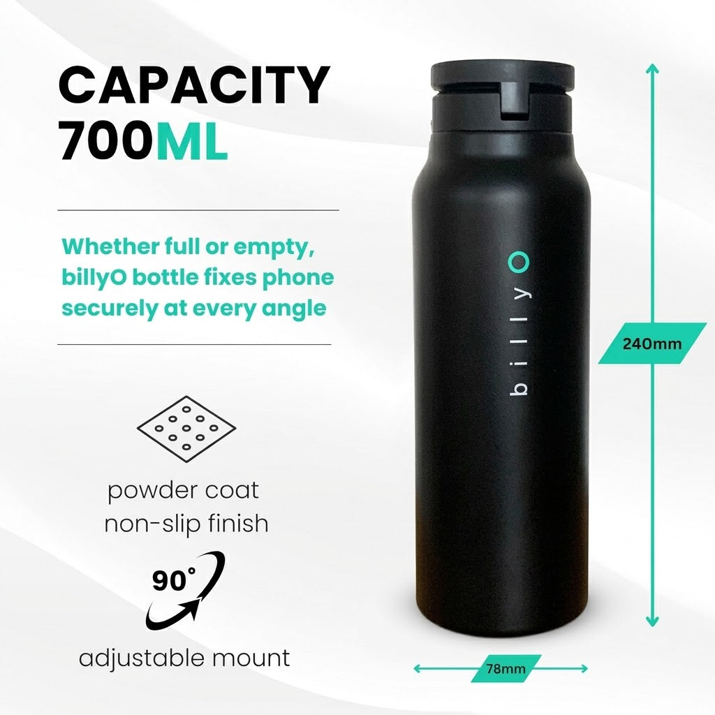 BillyO Insulated Stainless Steel Water Bottle 700ml with Magnetic Phone Holder & Tripod Lid, Leak-Proof, Black