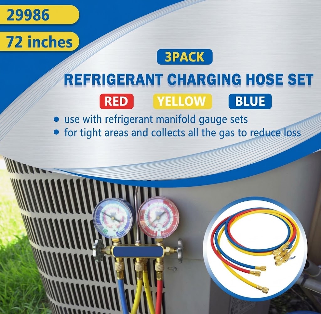 Refrigerant Charging Hose Set 72" with 1/4" Compact Ball Valve Ends, Red Yellow Blue (Plus II 29986)