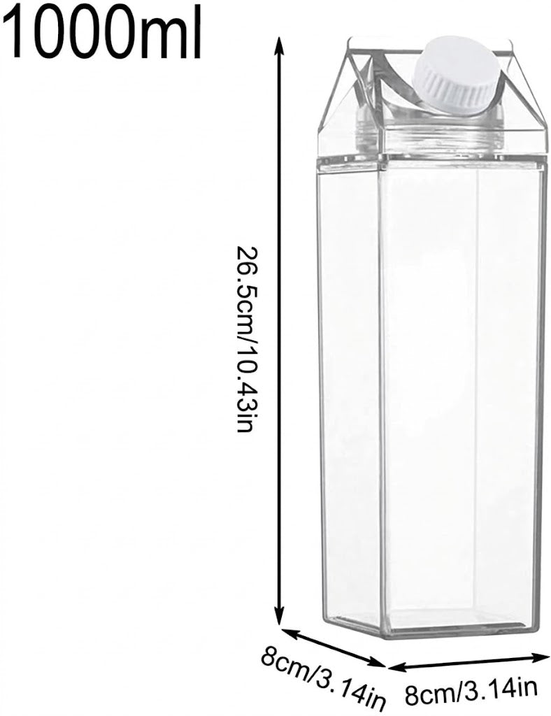 Milk Carton Water Bottle 1L (1000ml), 2 Pack Clear Square Plastic Juice Bottles, Leak-Proof Reusable Drink Container