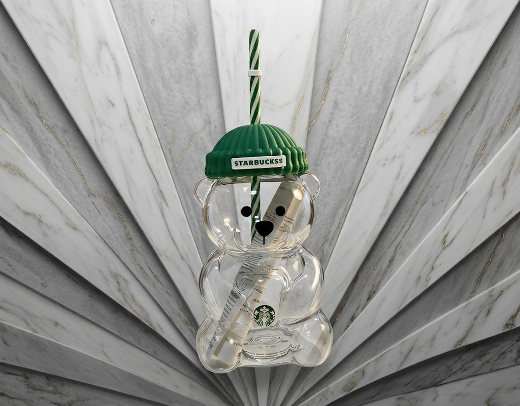 Starbucks Bearista Limited Edition Bear Glass Cold Cup with Green Beanie Lid and Straw - Authentic