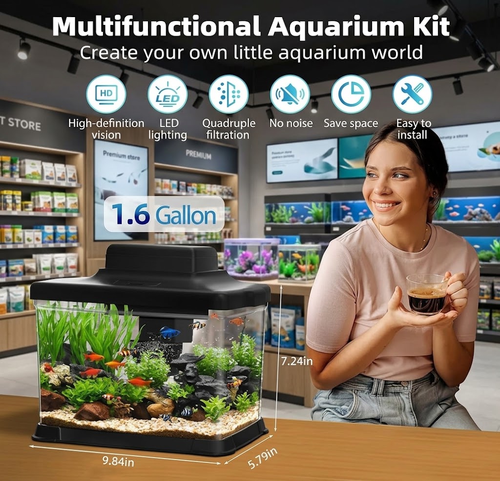 DaToo 1.6 Gallon Mini Aquarium Starter Kit with LED Light and Filter System