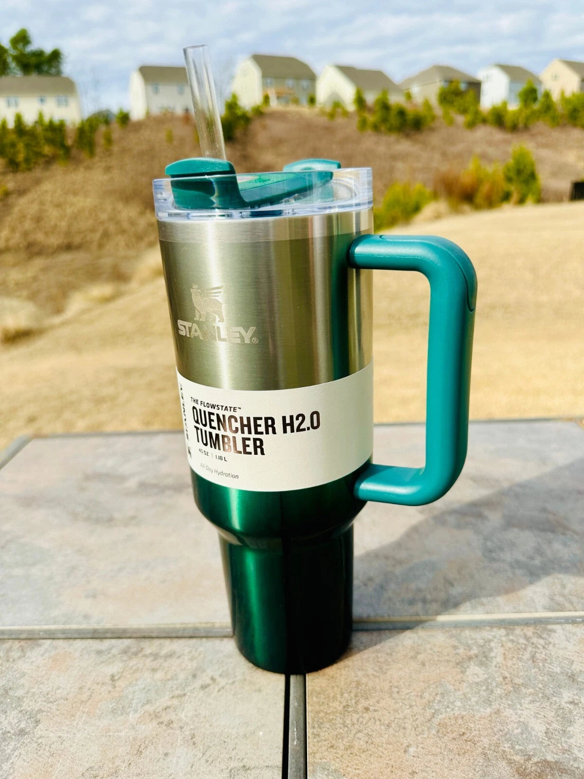 Brand New Stanley 40 oz Quencher H2.0 Tumbler Chrome/Pine Green