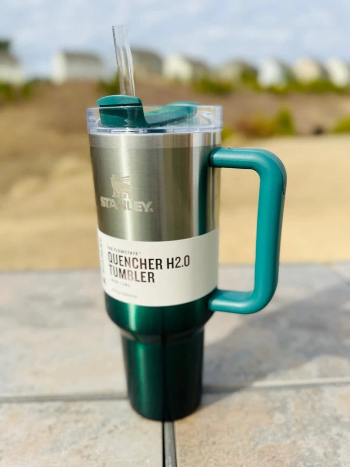 Brand New Stanley 40 oz Quencher H2.0 Tumbler Chrome/Pine Green