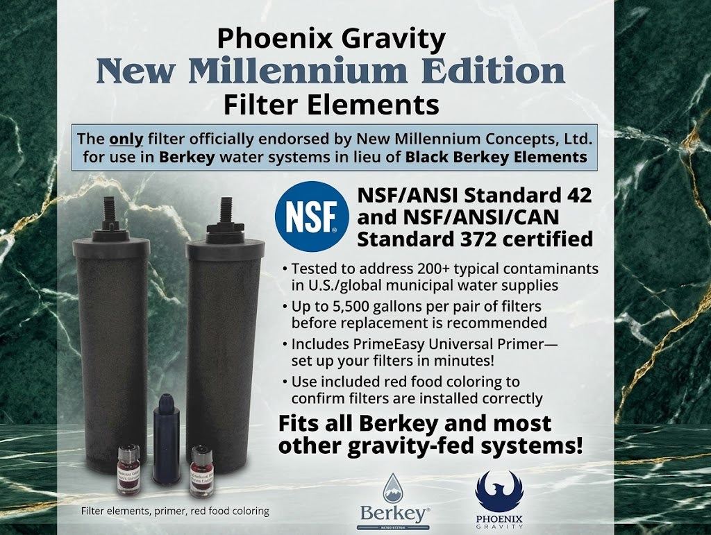 Combo Pack: 2 Berkey PF-2 Fluoride & Arsenic Reduction Elements + 2 Phoenix Gravity New Millennium Edition Filter Elements (NSF 42/372 Certified)